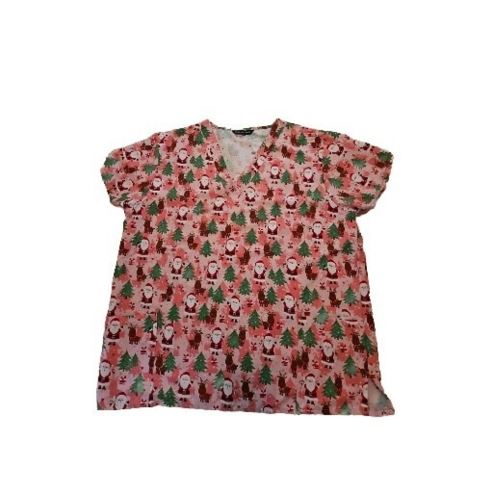 Scrub Top Cassandra O's  Christmas Women Santa Pink Tree Nurse Vet Tech 2XL New